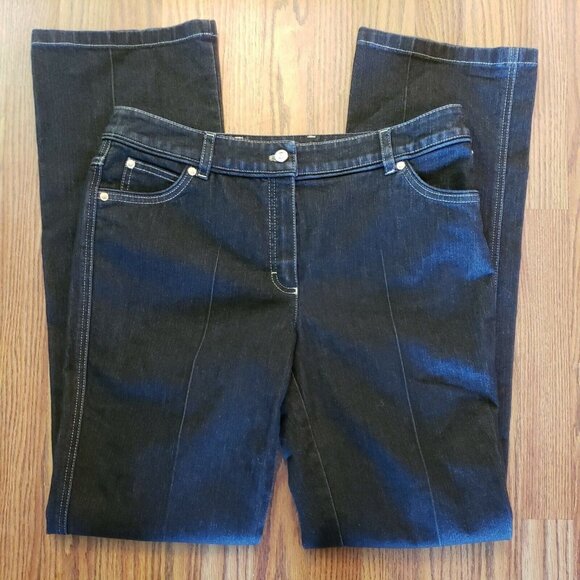 Escada Jeans Womens 10 Italy 40 Black Gold Stitch Straight Leg Mid Rise Stretch - Picture 2 of 12